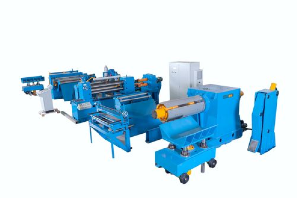 A full view of a blue Hydraulic Coil Slitting Machine production line against a white background, showing the decoiler, processing sections, and control panels arranged in sequence.