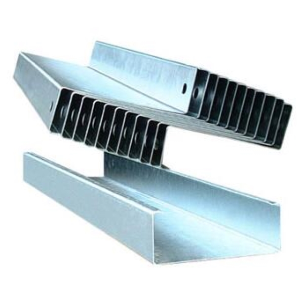 Two samples of C-shaped steel purlins, which are the finished products of a CZ purlin making machine. The purlins are made of galvanized steel, showing a silver, metallic surface. The top purlin has a series of regularly spaced, oblong holes punched along its web.