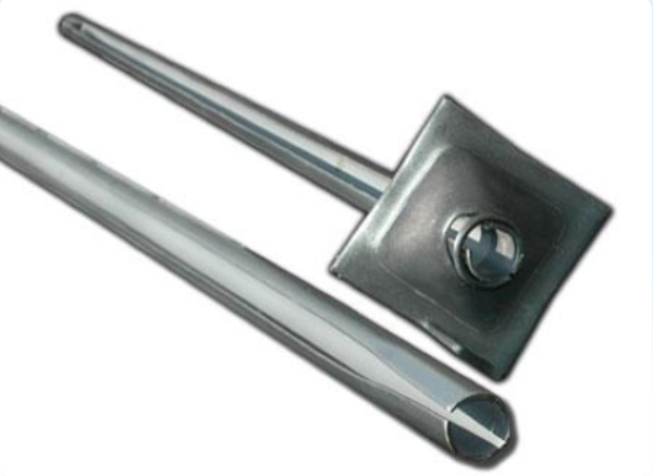 A close-up view of two Rock Bolts against a white background. One bolt features a square plate and a nut, while the other shows the open, slotted end of the tube.