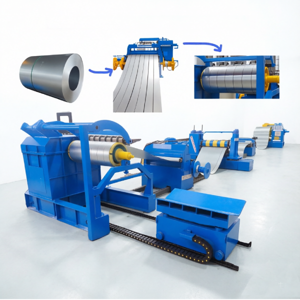 A complete hydraulic slitting line for processing metal coils. The image illustrates the process flow from a large master coil being fed into the machine, slit into multiple narrower strips, and then rewound onto individual smaller coils.