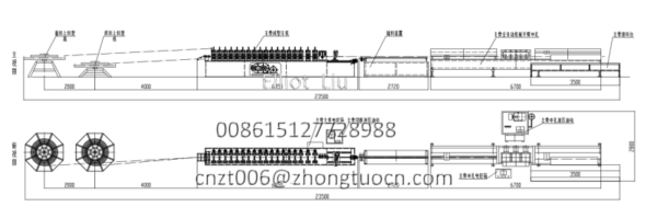 Layout diagram of the T-Bar Roll Forming Machine production line, showing the material flow from decoiler to stacking table.