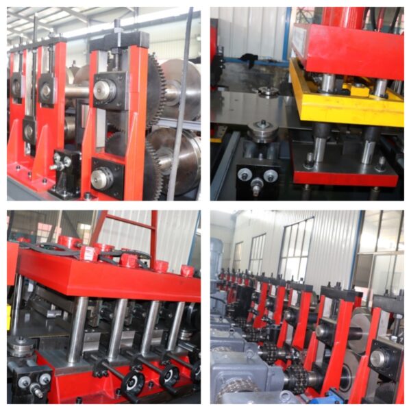 CZ purlin making machine detail views of forming rollers, guide pillars, and drive mechanisms.