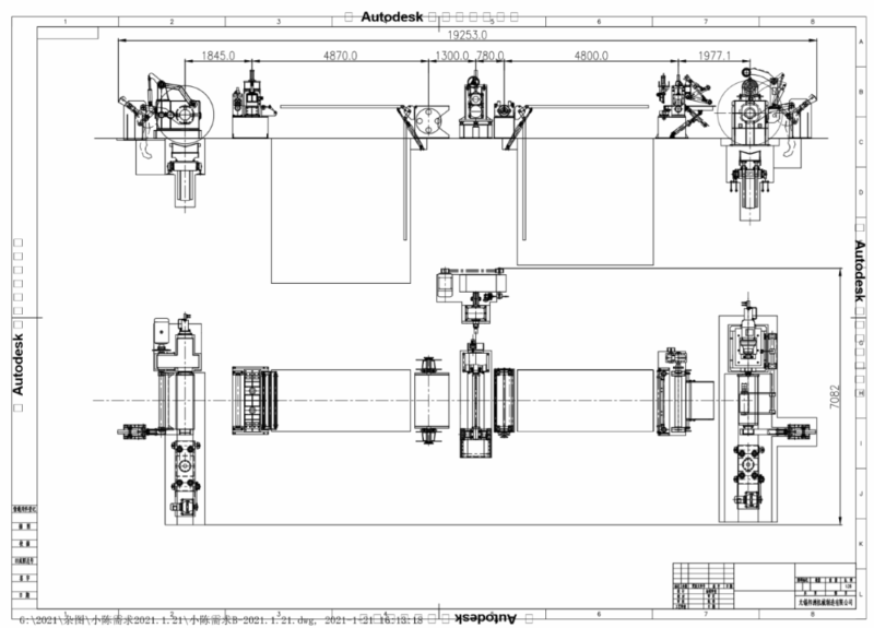Technical drawing of a hydraulic slitting line showing top and side views of the machine layout with mechanical components and alignment references.