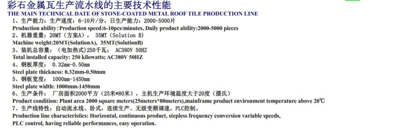 Technical specifications of stone-coated metal roof tile production line: production speed 6–10 pcs/min, daily output 2000–5000 pcs, machine weight 20–35MT, steel plate thickness 0.32–0.50mm, PLC-controlled automatic line.